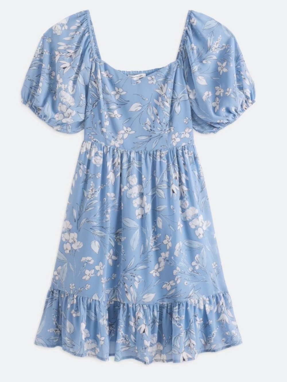 Light Blue Floral Puff-Sleeve Dress
